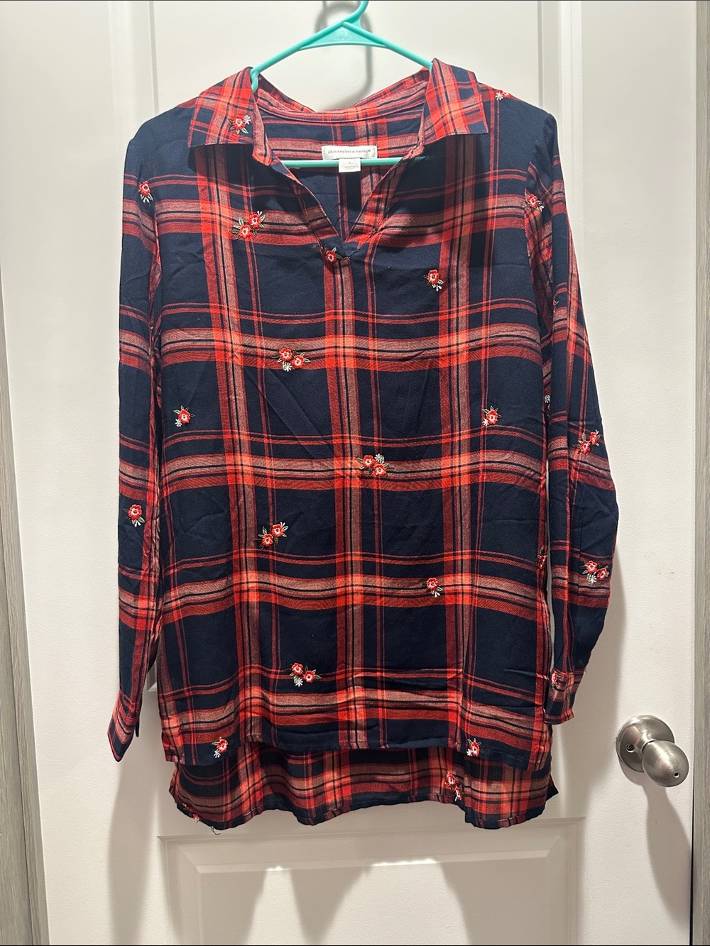Navy & Red Plaid Embroidered Button-Front Top